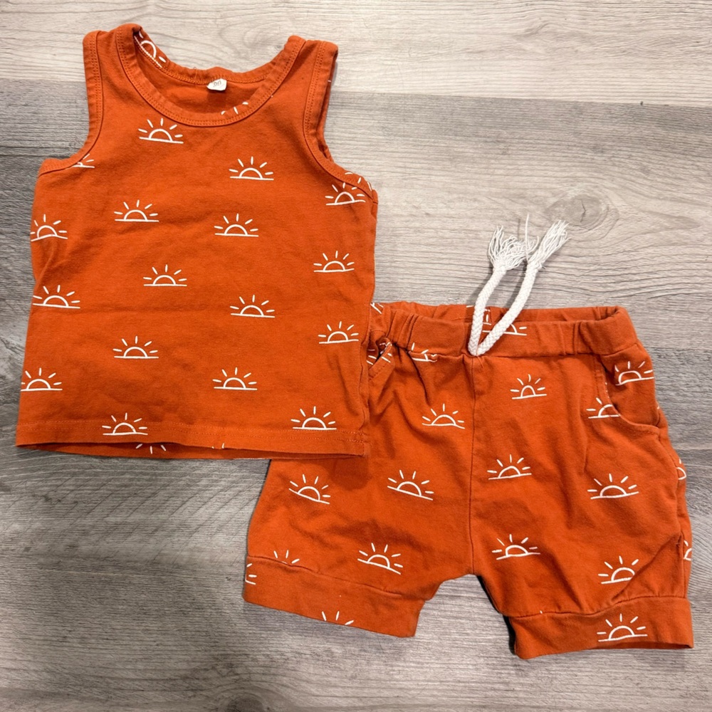 Orange Sun Print Tank & Shorts Set